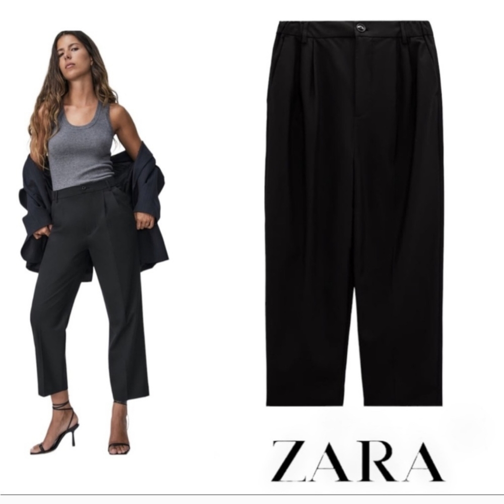 Zara pleated cropped trousers pants black size sm NWT